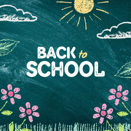 Chalk board with flowers, sun and clouds with the words "Back to School"