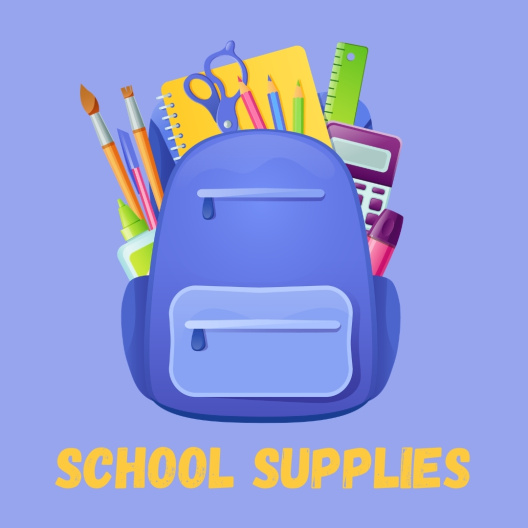 Purple backpack with various school supplies sticking out.
