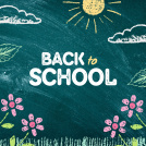 Chalk board with flowers, sun and clouds with the words "Back to School"